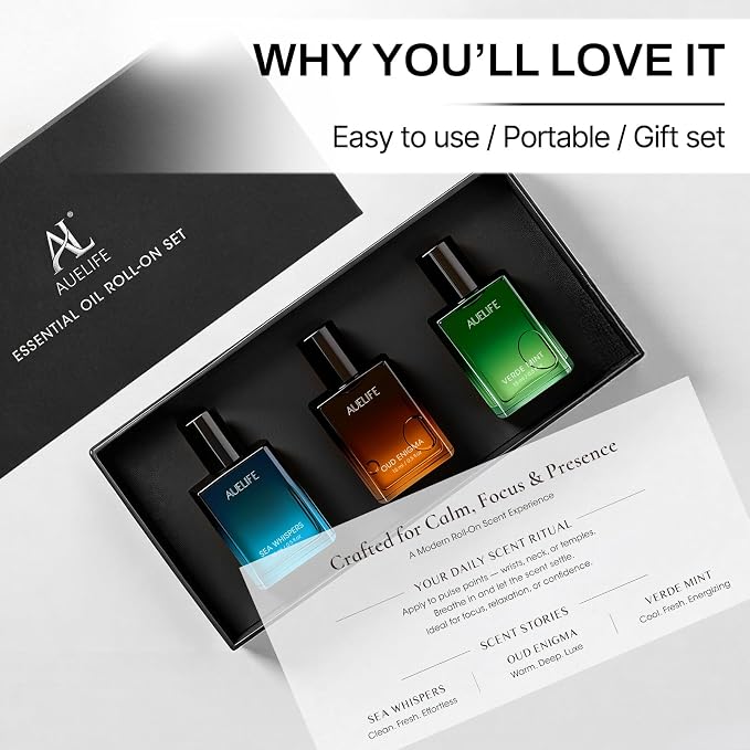 3 x 15ml Essential Oil Roll-On Set, Self Care Relaxing Aromatherapy Gifts for Men, Portable Travel Essential Oils Roller Set for Father's Day & Birthday Gift, Roll Oil for Skin(Relax, Calm, Refresh)