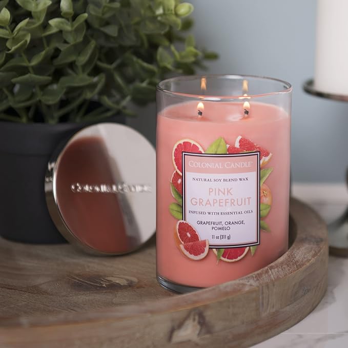 Colonial Candle Pink Grapefruit Scented Jar Candle, Classic Cylinders Collection, 2 Wick, Red, 11 oz - Up to 80 Hours Burn