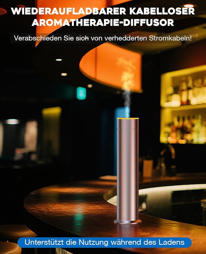 Waterless Scent Diffuser Starter Kit: 1200 Sq Ft Coverage Rechargeable Waterless Diffuser with LED Light & Remote & App - Waterless Essential Oil Diffuser for Home Hotel Silver