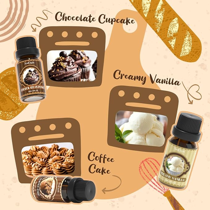 Soulorigin Bakery Essential Oils Set, Fragrance Oil Set for Diffuser, Scent Diffuser Oil for Candle Making- Chocolate Cookies, Creamy Vanilla, Coffee Cake, Pumpkin Pie, Candy Cookies, Cinnamon Rolls