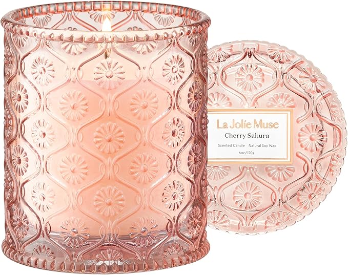 LA JOLIE MUSE Cherry Sakura Scented Candles for Home, Natural Soy, 40 Hrs | Luxury Pink Jar Candle, Clean Non Toxic, Gifts for Women, Decorative Japanese Floral Candles for Candle Wamer, Pretty Candle