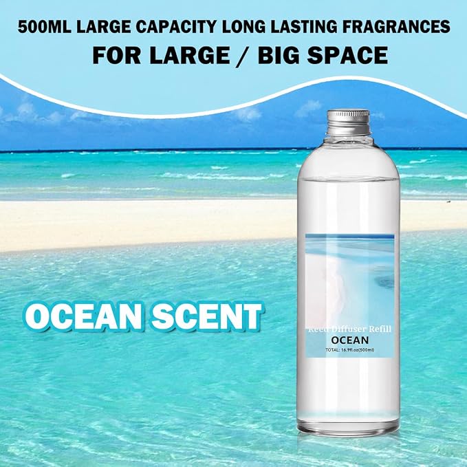 SCENTORINI Reed Diffuser Oil Refill, 16.9oz Ocean Scented Essential Oil with 6 Sticks, Long Lasting Summer Home Fragrance for Large Space, Bathroom, Spa Room Aromatherapy, Hotel, Office Decor