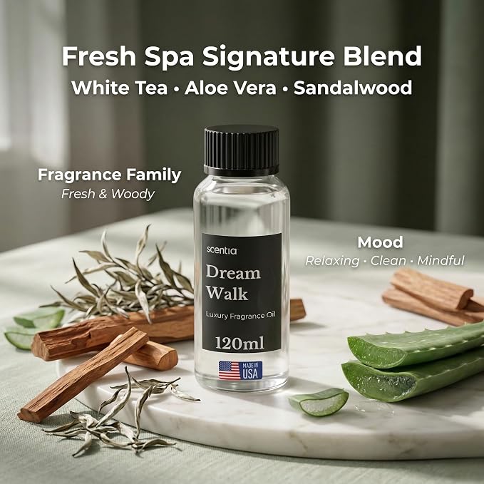 Scentia Dream Walk Diffuser Oil Refill – Hotel Fragrance Oil Inspired by 5-Star Spa Resort – 120 mL – White Tea, Cedarwood & Amber Long-Lasting Scent for Ultrasonic & Waterless Diffusers, Made in USA