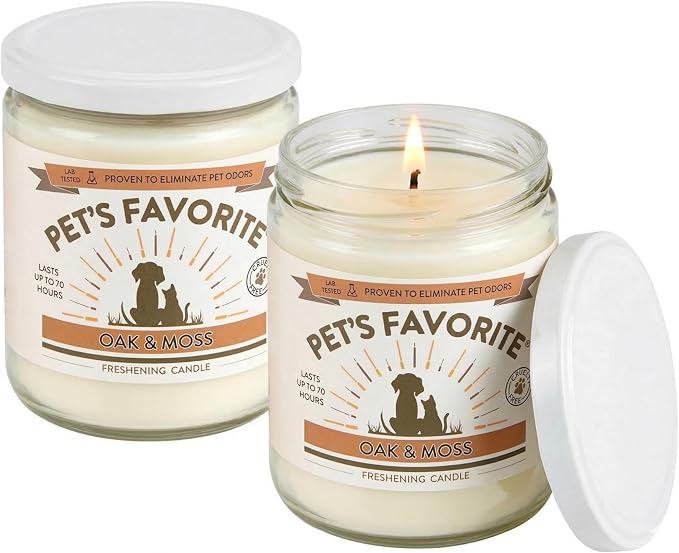 Pet's Favorite Pet Odor Candle, Clean Burning, Long Lasting Oak Scented Candle with a Natural Fiber Wick and 70 Hour Burn Time, Oak and Moss - Pack of 2