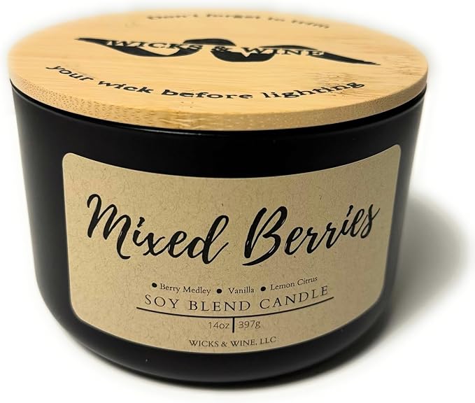 Wicks & Wine Soy Blend 3-Wick Cotton CORE Candle 14oz (Mixed Berries)