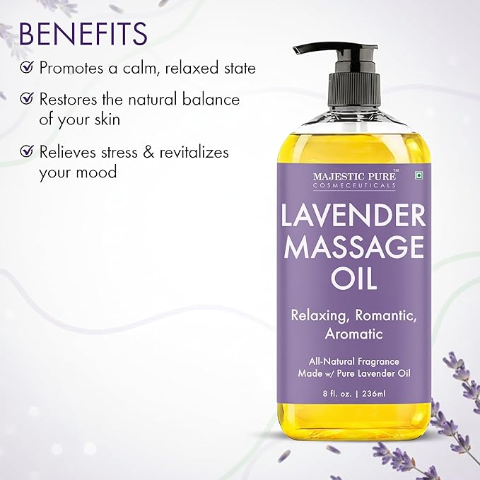 MAJESTIC PURE Lavender Massage Oil for Massage Therapy - Refreshing, and Relaxing - Natural Oils with Lavender Essential Oil - for All Skin Types - Men and Women Massage Lotion - 8 fl oz