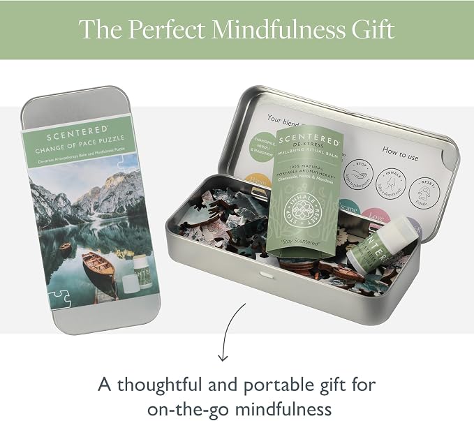 Scentered Wooden Jigsaw Puzzle & Aromatherapy Gift Set - Mindfulness Activity Puzzle for Stress Relief - Calm Jigsaw Puzzles - De-Stress: Calming Essential Oils Blend - Travel Size