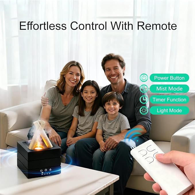 Campfire Flame Essential Oil Diffuser, 280ml Ultrasonic Cool Mist Aromatherapy Humidifier with Remote Control, 7-Color LED Lights, Timer & Auto-Off for Home, Office & Bedroom (Black)