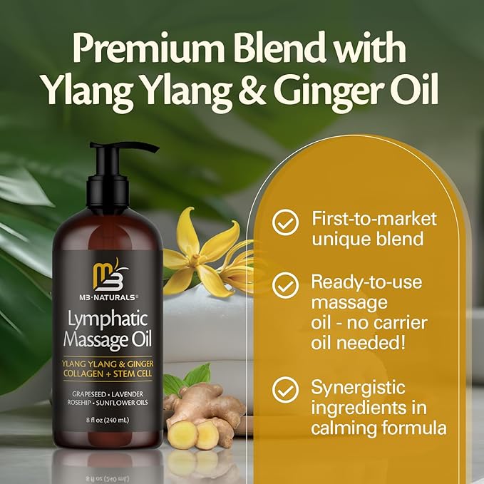 Lymphatic Massage Oil for Massage Therapy - Lymphatic Drainage Oil for Body Care Circulation & Detox Support with Ylang Ylang, Ginger, Lavender, Grapeseed, Vitamin E & Stem Cell (8 Fl Oz) by M3