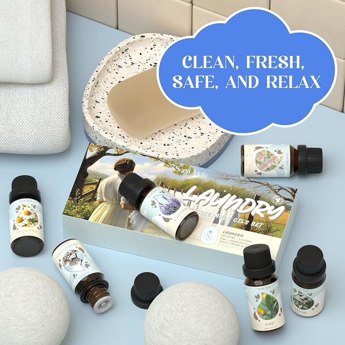 Soulorigin Laundry Fragrance Oils Set, Essential Oil Gift Set for Diffuser, Clean Scent Diffuser Oil, Use with Wool Dryer Balls or Diffuser,Chamomile, Fresh Cotton, Sage, Cedar, Lavender, Cherry Soap