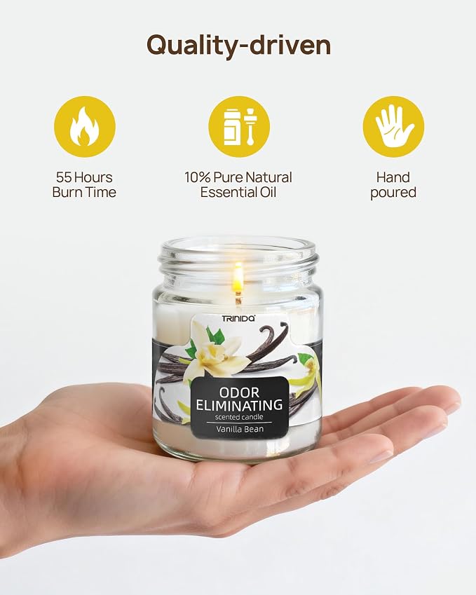 TRINIDa Vanilla Bean Odor Eliminating Candles for Home Scented, Eliminates 99% of Pet, Smoke, Food and Other Smell Quickly, Highly Fragranced Scented Candle, Premium Soy Candle Set for Women