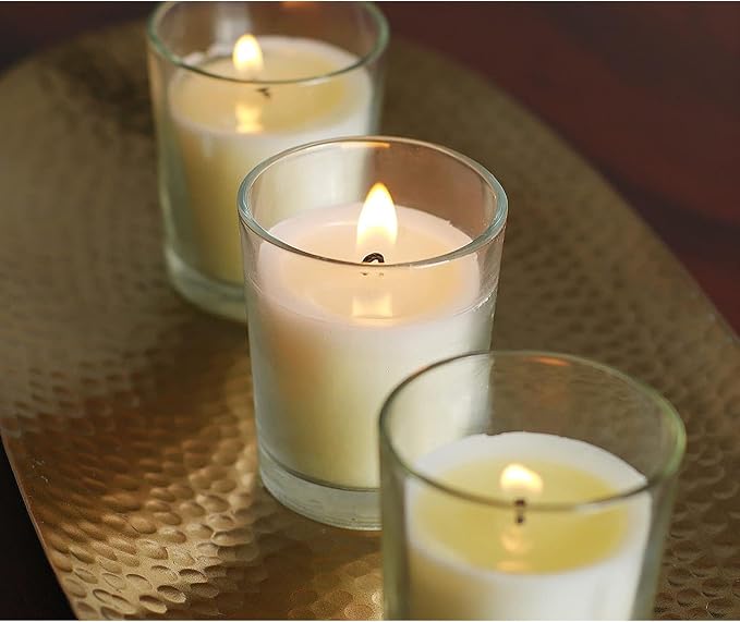 Hosley 20-Pack Ivory Unscented Votive Candles in Clear Glass Holders - Long Burn Time Hand Poured Wax for Weddings and Home Decor
