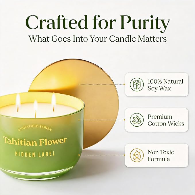 Hidden Label Tahitian Flower Scented Candles, 3 Wick Aromatherapy Soy Candle, 18oz/70-Hour Burn, Non Toxic Natural Green Candle, Luxury Home Scent & Décor Gift for Women and Men