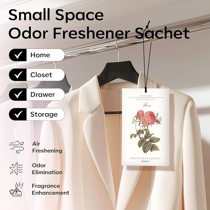 MYARO 12 Pcs Rose Scented Sachets Long Lasting Room Air Freshener Odor Deodorizer Eliminating for Home Drawer Closet Clothes Storage