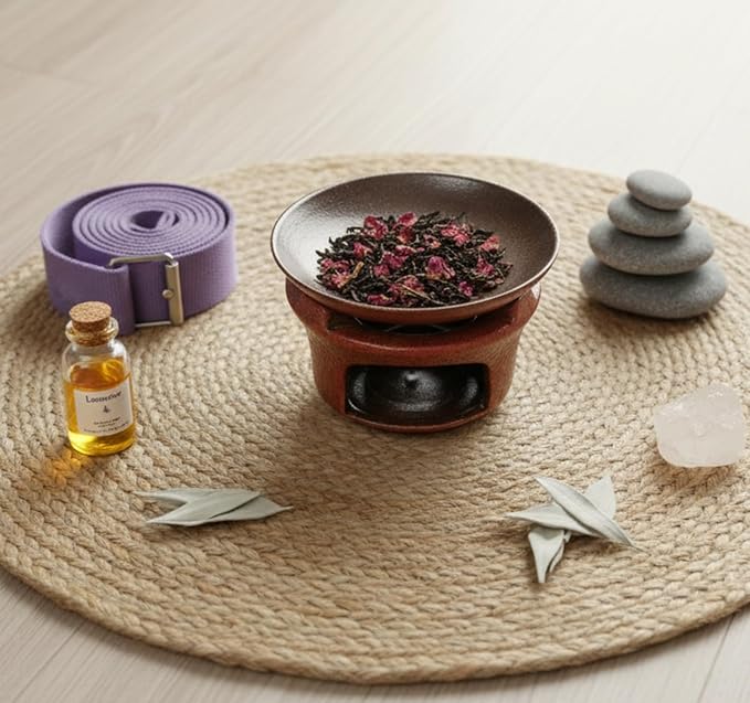 Ceramic Incense Burner Kit, No Electricity Needed,Zen-Inspired Aromatherapy Oil Burner with Rustic Terracotta Glaze, Perfect for Home, Office, Yoga & Meditation (Reddish Brown)