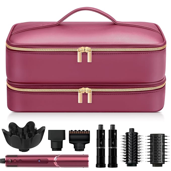 Travel Hair Dryer Case for Shark Flexstyle, Double-Layer Carrying Case for Shark Flex Style Blow Dryer, Portable Hair Tools Storage Organizer Bag for FlexFusion Beauty Hairdryer Attchments (Cherry)