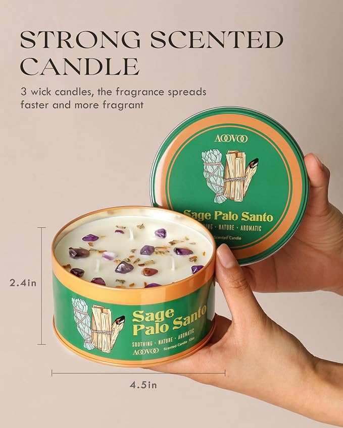 AOOVOO 2 Pack Sage & Palo Santo Candles for Cleansing - 3 Wick 12oz Large Scented Candle with Amethyst Crystals, Sage & Palo Santo Inside, Non-Toxic Soy Candles for Meditation Spiritual Healing Gift