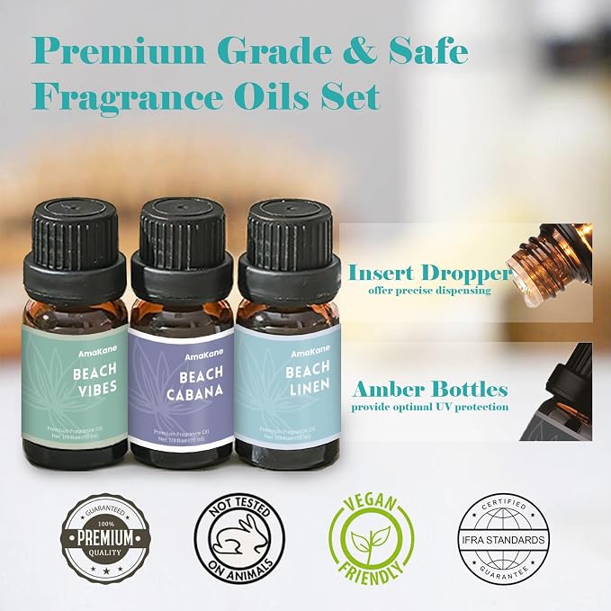 AmaKane Fragrance Oils Set, Essential Oils for Diffuser, Fragrance Oil for Candle Making, Soap Making Scents, Aromatherapy Oils 6x10ml, Beach