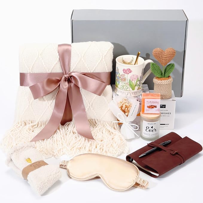 Birthday Gifts for Women,Spa Relaxation Gift Basket for Women - Self Care Package with Plush Throw Blanket, Scented Candle, Inspirational Mug & Journal for Stress Relief, Get Well Soon