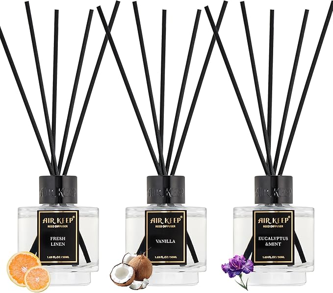 Airkeep Reed Diffuser Set of 3 for Bathroom Air Fresheners, Oil Diffuser Sticks | Fresh Linen,Vanilla,Eucalyptus & Mint Scent(1.7 fl oz*3) Fragrance with 18 Sticks Defusers | Shelf Decor
