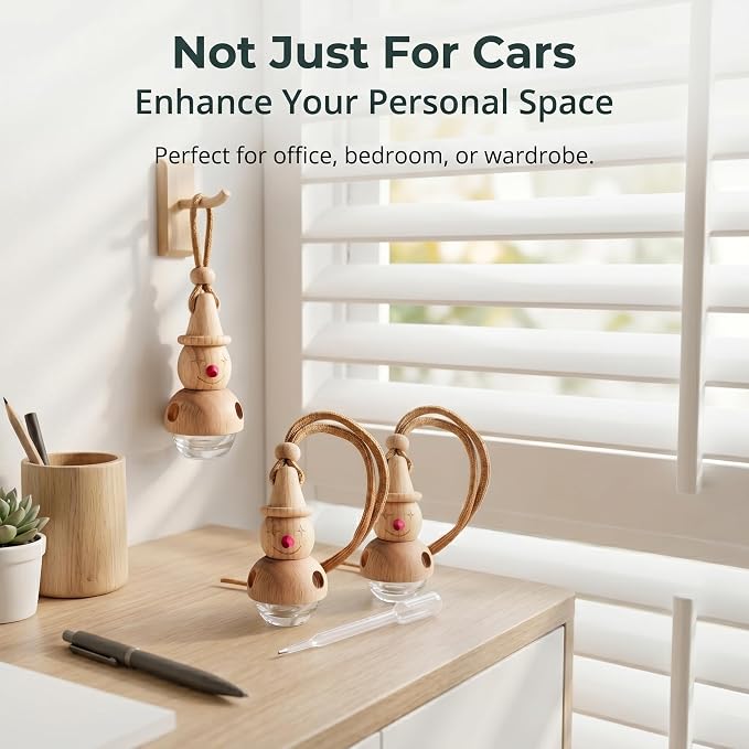 2 Pack Snowman Hanging Glass Car Diffuser Empty Oil Bottles | Wood lids & matching droppers, refillable bottles for car closet bathroom indoor aroma decor gifts
