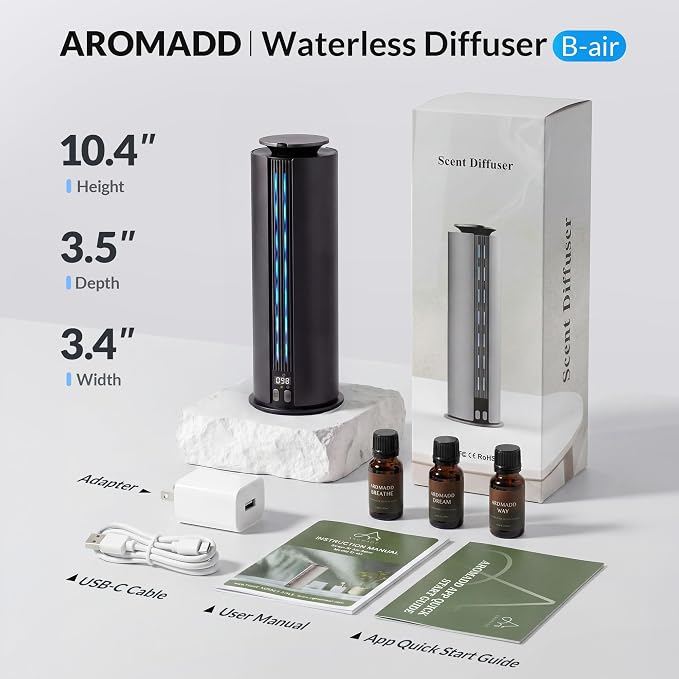 Aromadd 1700 Sq Ft Cordless Hotel Collection Diffuser, Portable Waterless Diffuser, 100ml Scent Air Machine for Home Cold Air Essential Oil Diffuser for Large Room Office, Quiet (Titanium Gray)