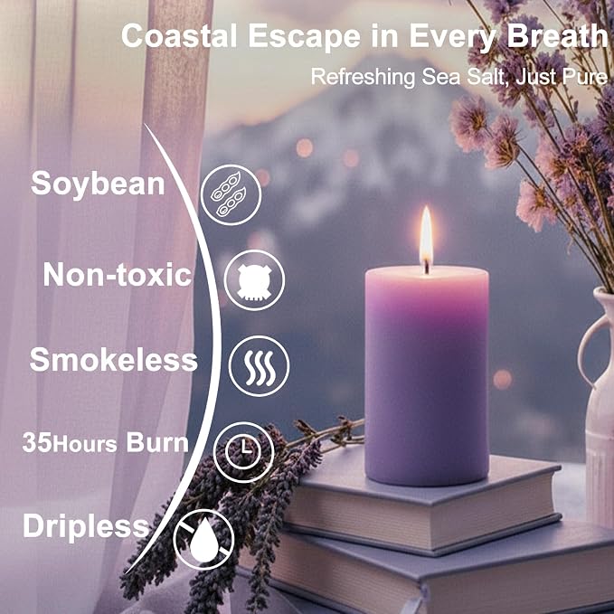 Lavender Scented Soy Pillar Candles Set of 3, Purple Aromatherapy Candles for Home, 105 Hours Clean Burning Long Lasting for Bathroom Living Room,2x4 inch