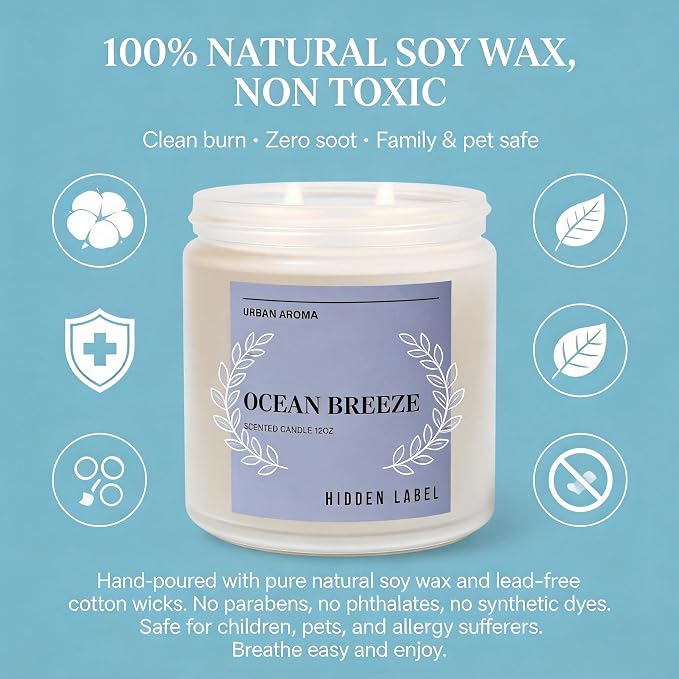 Hidden Label Ocean Breeze Soy Candle, 12oz 2-Wick, Coastal Fresh | Non-Toxic Natural Wax, Paraben & Phthalate-Free, Clean Burn | Elegant Decor & Gift-Ready | Stress Relief & Mental Clarity