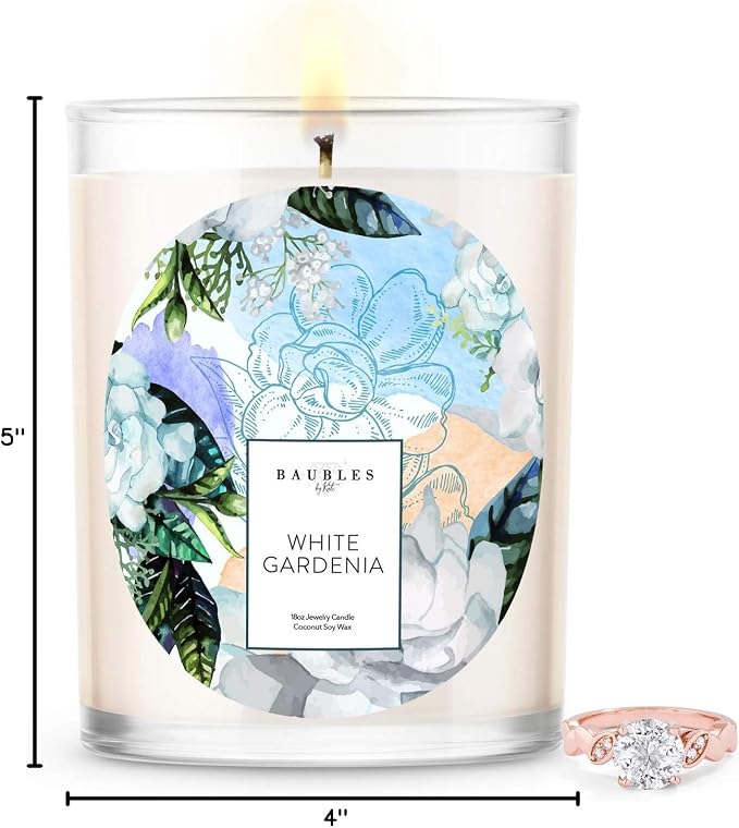 Kate Bissett Baubles White Gardenia Scented Premium Candle and Jewelry with Surprise Ring Inside | 18 oz Large Candle | Made in USA | Parrafin Free | Size 09
