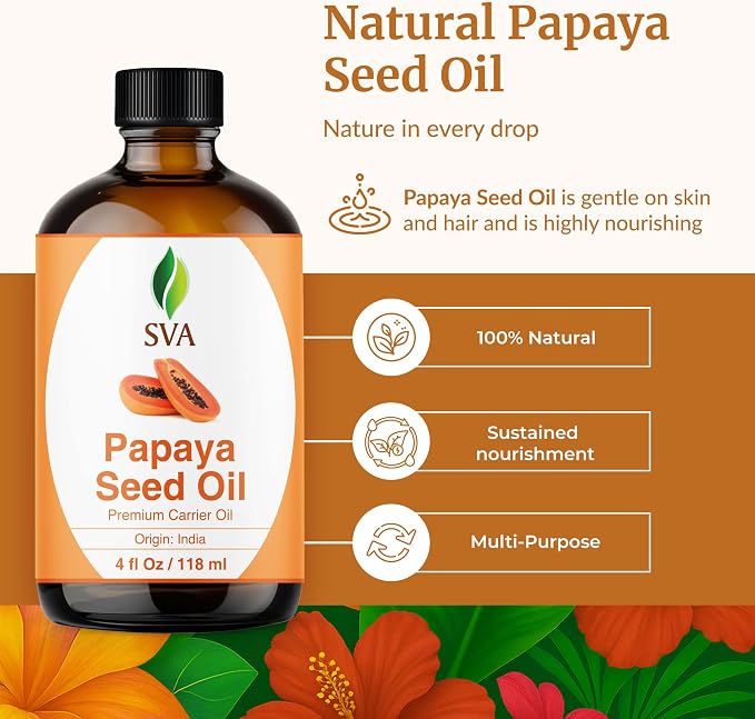 SVA Papaya Seed Oil - 4 Fl Oz – 100% Natural Cold Pressed Papaya Oil - for Face, Skin Care, Hair Care, Scalp Massage & Body Massage – Carrier Oil with Dropper