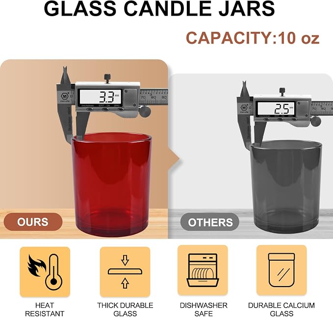 SHOWIN 10 OZ Thick Candle Jars for Making Candles 15 Pcs, Empty Jars with Wood Lids for Candle Making, Sample Container, Red