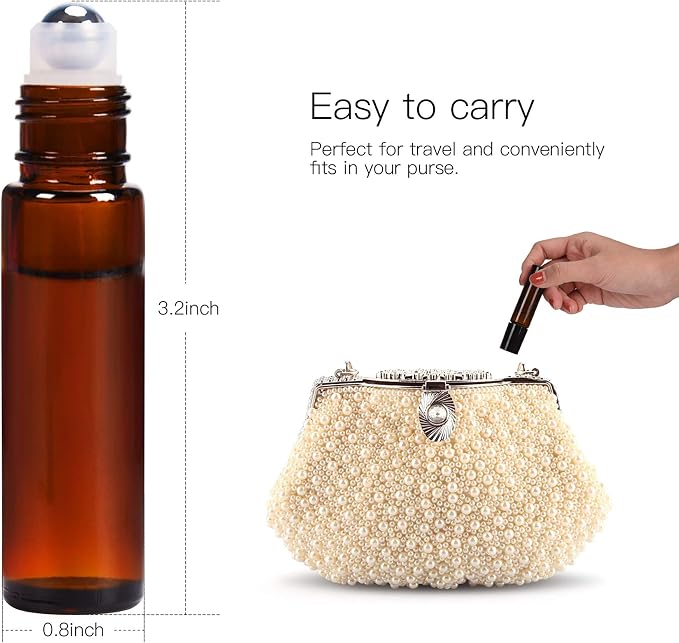ULG Roll on Bottles 10ml Amber Glass Empty Bottles 8 Piece with Stainless Steel Roller Ball 2 Extra Balls 8 Piece Waterproof Labels 1 Opener and 3ml Dropper for Essential Oils