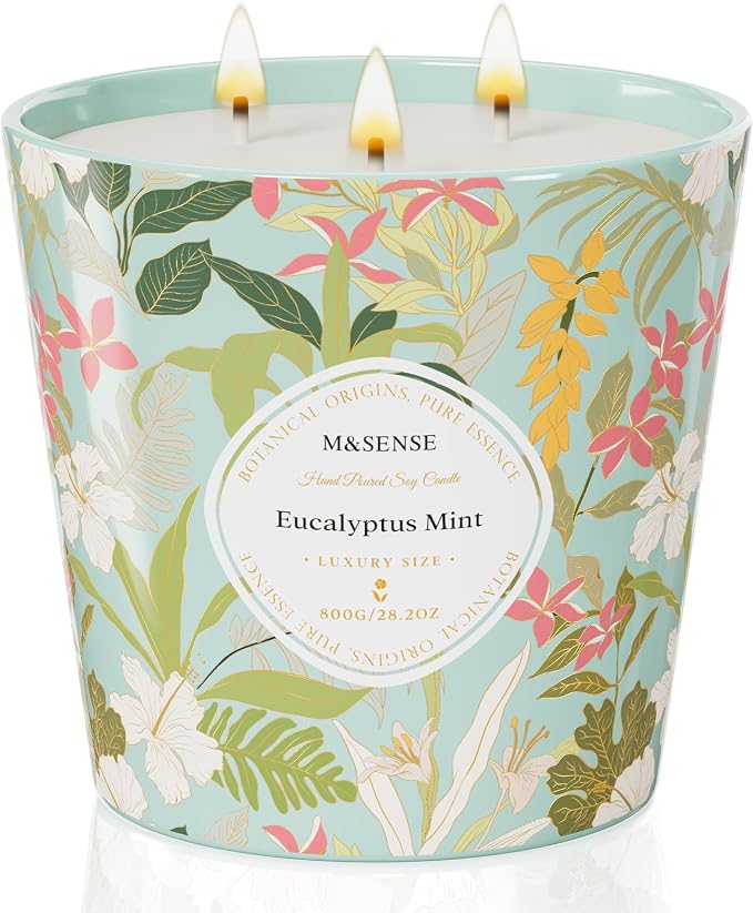 M&SENSE Eucalyptus & Mint Scented Candle, 28.2oz 3 Wick Natural Soy Wax Large Candles, Long Lasting Clean Slow Burning No Toxic Décor for Home Relaxation, Romantic Dates Gift-Giving