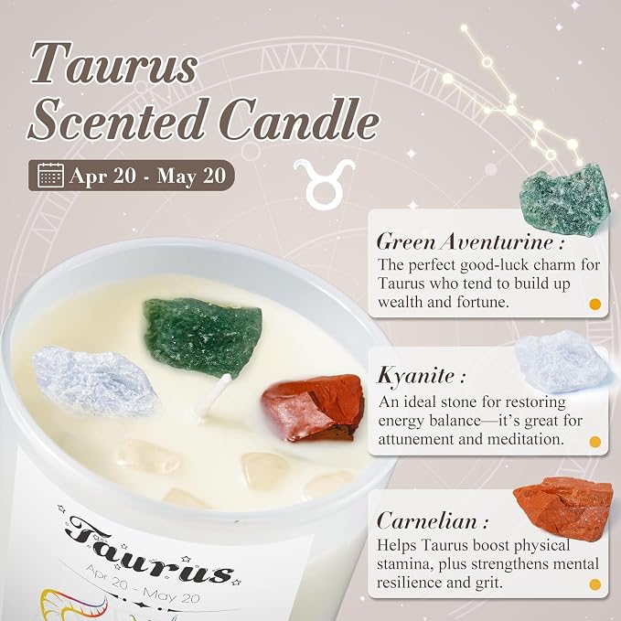 Taurus Gifts for Women, Zodiac Taurus Candle with Healing Crystals,Taurus Birthday Gifts for Womenr, Mom, Sister, Friends, Meditation, Yoga, Relaxation (7oz)