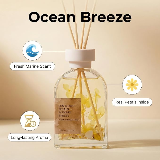 Ocean Mist Reed Diffuser Set, Sea Scented Home Fragrance with Natural Reed Sticks, 5.07 oz, ktyixu, Long-Lasting Aromatherapy Air Freshener for Bathroom, Living Room, Home Decor & Gifting