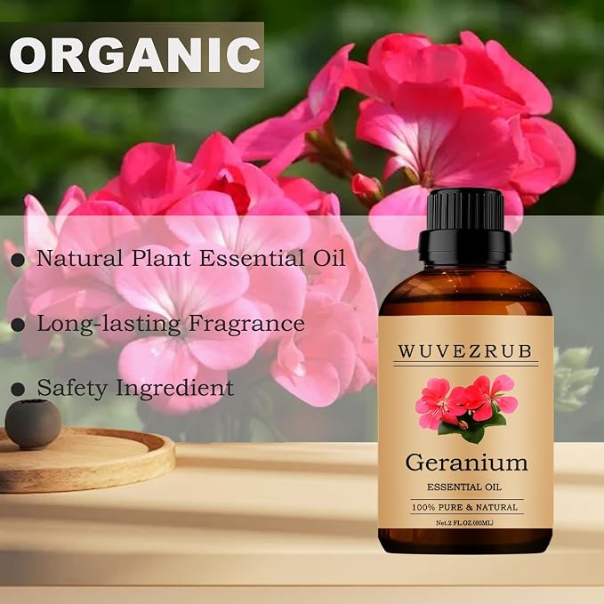 Geranium Essential Oil, 60ML Pure and Natural for Aromatherapy Diffuser - 2 Fl Oz