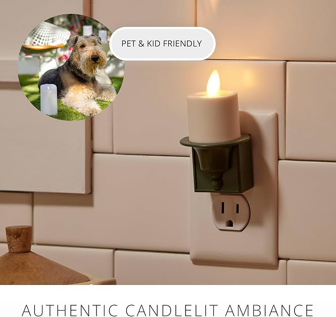Luminara Flameless Candle Nightlight w/Dusk to Dawn Light Dark Auto Sensor, Loden Green Wall Plug Indoor Night LED Light w/Real-Flame Effect Technology, Bathroom Bedroom Hallway, No Remote Needed