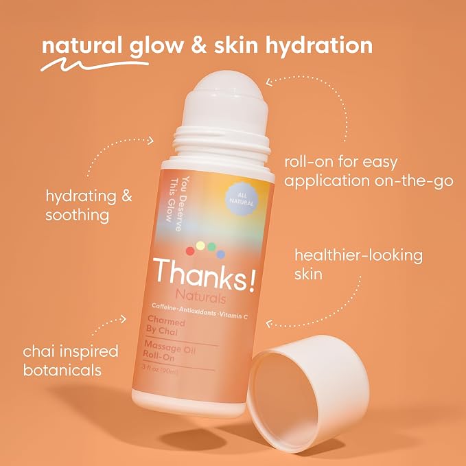 Massage Oil Roll On, Charmed by Chai, Vegan, Cold Pressed Roll On with Vitamin C, Cinnamon, Cardamom, & Caffeine, Use After Shower or Before Bed, Self Care Essential, 3 FL OZ