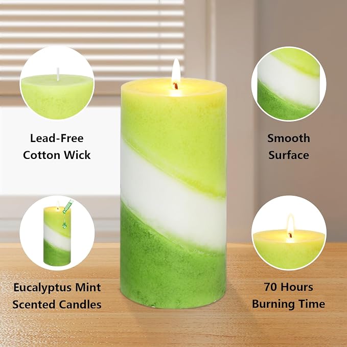 Crystal Club Eucalyptus Mint Scented Pillar Candles, 3x6 Inch Green Pillar Candle, 70+ Hours Long Burning Time, 100% Cotton Wick Smokeless & Dripless Wax, Aromatherapy Candle for Relaxation Home Decor