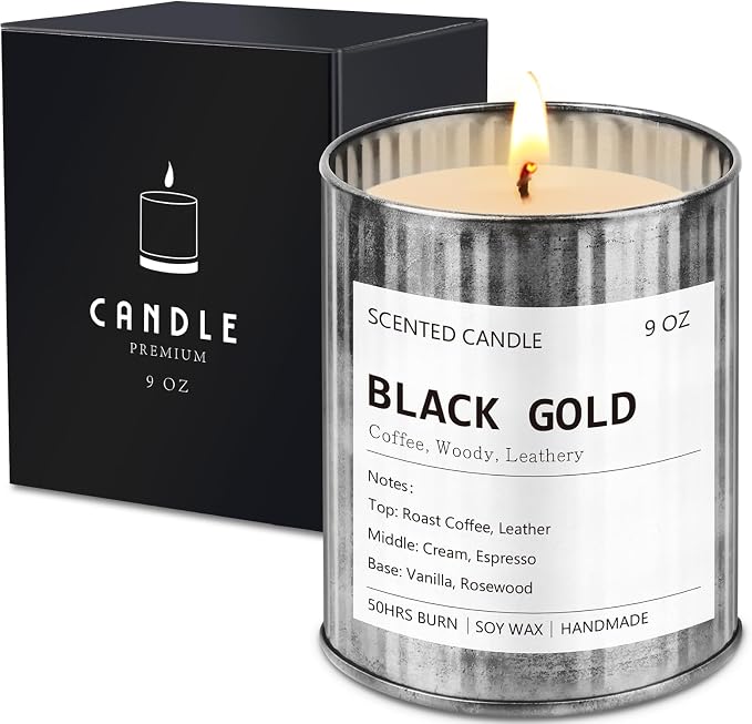 Scented Candle for Men - Man Cave Gifts Coffee Leather Woody Scent | 50Hr Burn Soy Wax Candle in Metal Tin (9oz) - Masculine Home Decor, Birthday Gift for Him