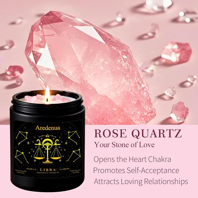 Libra Birthday Gifts Candle for Women | Zodiac Scented Candle with Rose Quartz Crystals - Warm & Cozy Scented Natural Soy Candle 7oz 50-Hour Burn, Healing Aromatherapy Candle for Relaxation Meditation