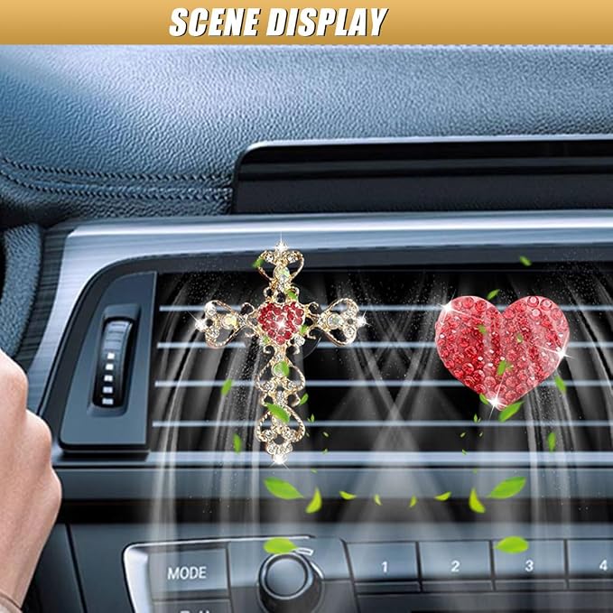2PCS Bling Cross & Heart Car Dashboard Air Vent Trim Clip, Sparkly Rhinestone Car Air Vent Clips, Diamond Auto Diffuser Charm Clip, Auto Interior Decoration Accessory for Women Girls (Red)
