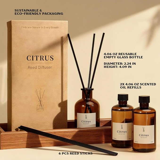 Reed Diffuser Set, 8.12 fl.oz Citrus Scent Oil Diffuser with Sticks, Long-Lasting Home Fragrance Reed Diffuser for Bathroom Shelf Decor, Air Freshener Room Diffuser, 2 Pack