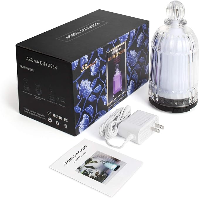 120ml Glass Essential Oil Diffuser, Ultrasonic Aroma Diffuser Glass Cover & Plastic Reservoir with Auto Shut-Off, 7 Colors LED Light for Home, Bedroom, Office, Yoga(White Base)