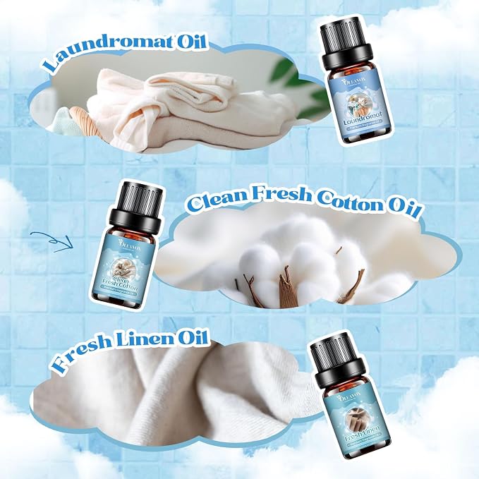 Clean Essential Ois for Laundry, Fragrance Oil for Diffuser for Home,Candle & Soap Making, Fresh Linen, Fresh Cotton, Laundromat, Blossom Soap,Pure White Comfort, Fluffy Towels, Strong Scented Oils