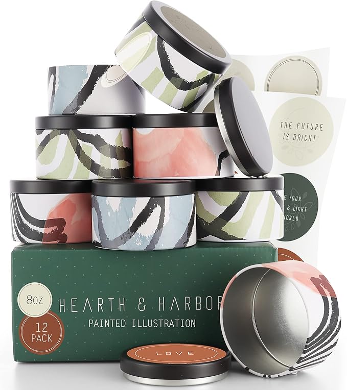 Hearth & Harbor Tin Candle Jars for Making Candles - DIY Candle Containers with Lids - Metal Candle Jars - Bulk Tins Storage for Candle - (12 Pieces) - (8 Ounces) - Painted Illustration
