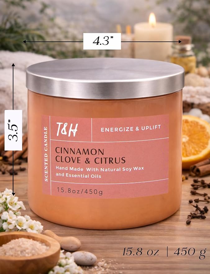 Cinnamon Clove Citrus 3-Wick Soy Candle | 15.8 oz Large Scented Candle for Home | Clean Burn Long Lasting | Spiced Lemon Lime Scent | Gift Ready
