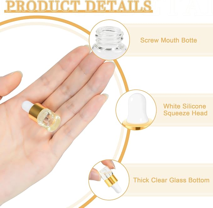 10pcs Mini Glass Dropper Bottle for Essential Oil,1ml Small Clear Sample Dropper Vails with Gold Cap,Perfume Cosmetic Liquid Containers for Traveling