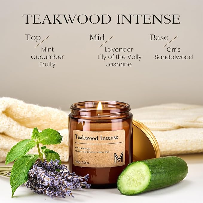 M&SENSE Teakwood Intense Scented Small Candle, 7.5Oz Aromatherapy Candle for Home Fragrance, Soy Wax Candles Gift for Birthday, Housewarming, Amber Jar Candle for Stress Relief, Meditation, Yoga