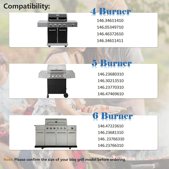 Hiorucet Grill Replacement Parts for Kenmore 5 Burner 146.47468610, 146.23680310, 146.47469610, Kenmore 4 Burner 146.34611410, 146.34611411, Stainless Steel Heat Plate, Pipe Burner, Carryover Tube.